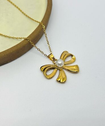 Pearl Bow Necklace (In Gold)