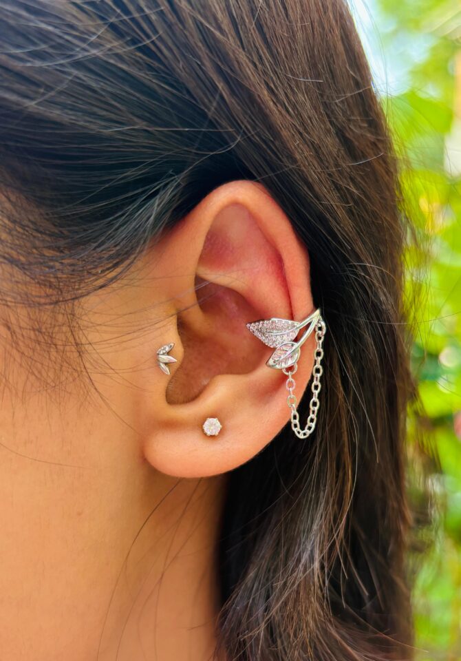 Leaf Hugging Ear Cuff (Available in Silver and Golden Coating) - Image 2